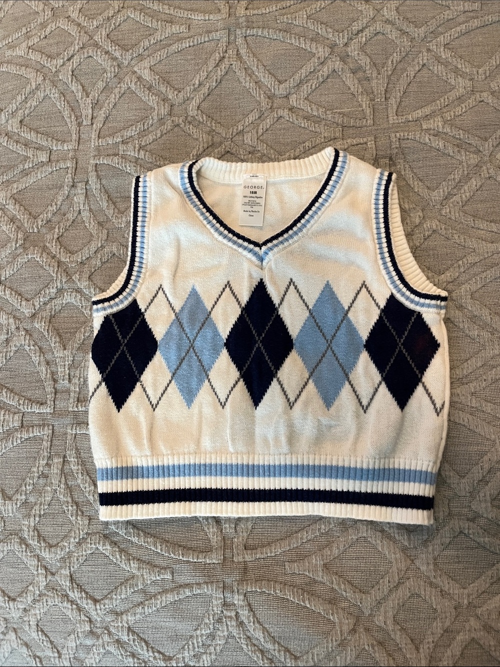 George Cream Sweater Vest with Navy and Light Blue Argyle